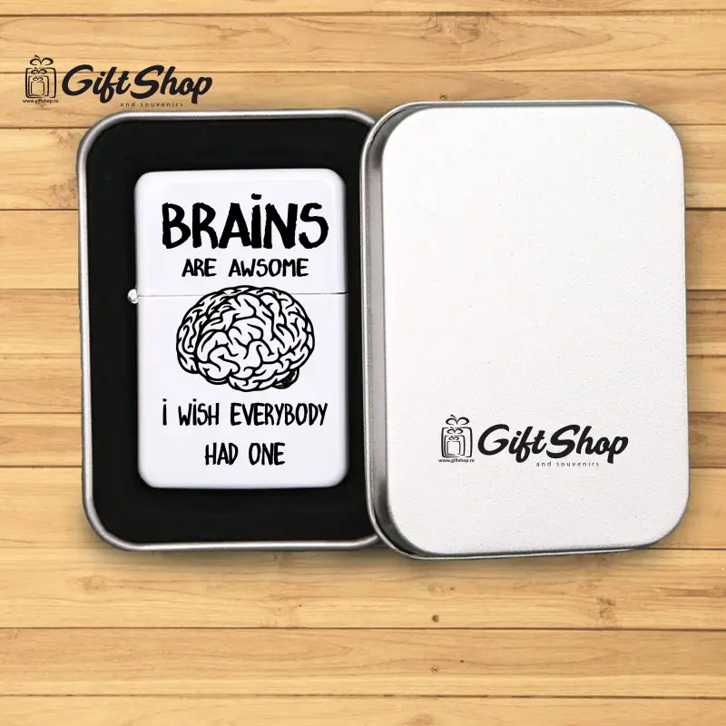 Brains are awsome, bricheta metalica gravata laser cu mesajv